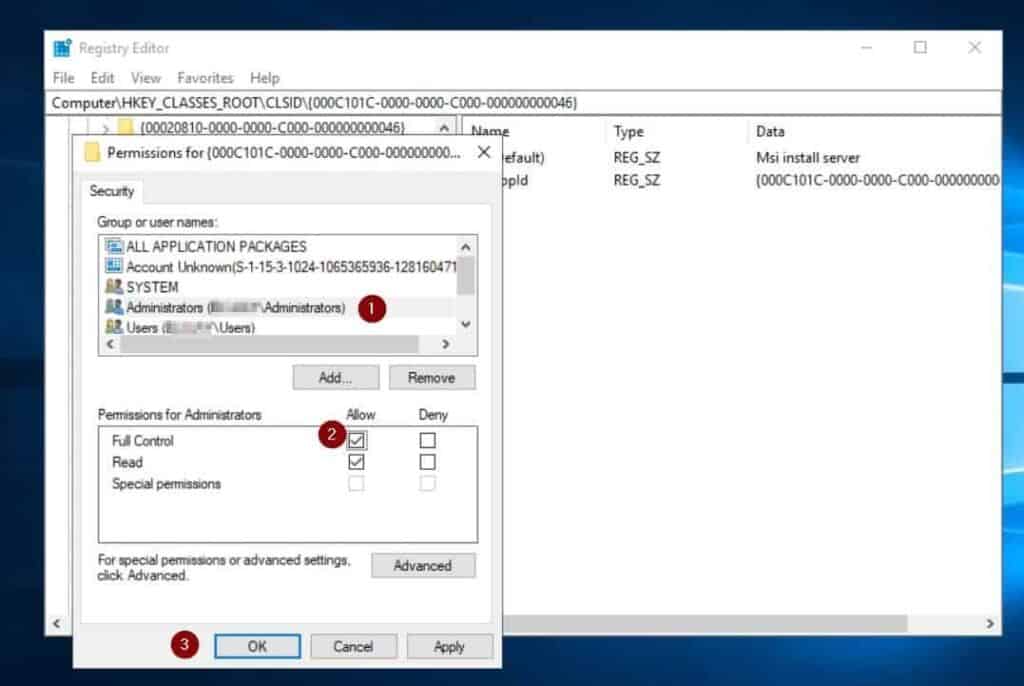 Finally, grant the Administrators group Full Control and click OK to close the registry key's permissions properties window. Do not close the registry editor yet, as you will need to in Step 3 below.