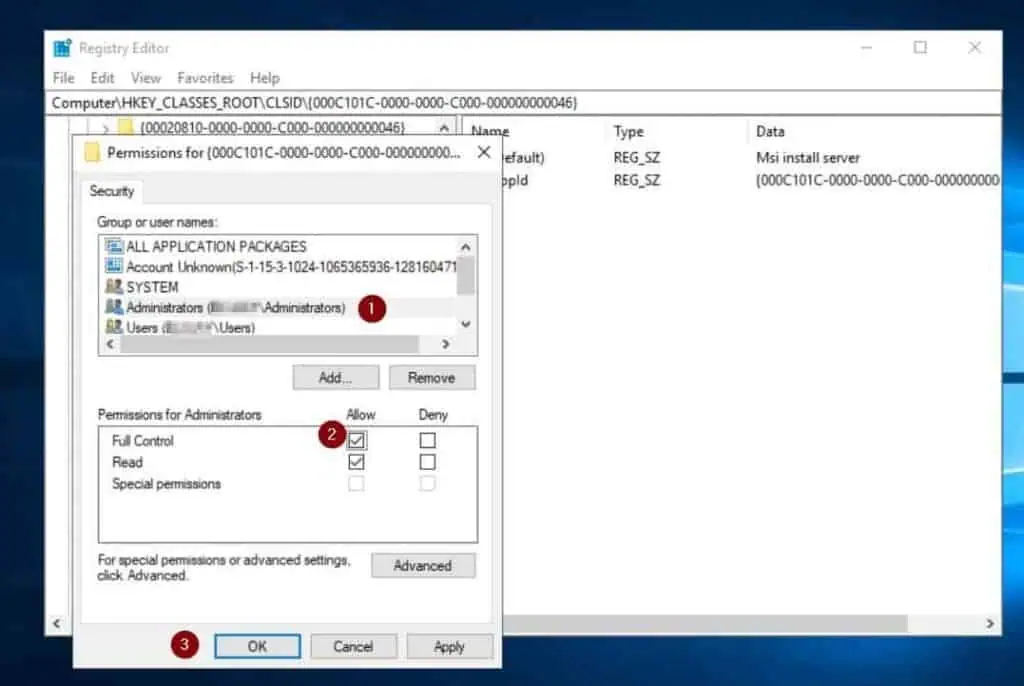 Finally, grant the Administrators group Full Control and click OK to close the registry key's permissions properties window. Do not close the registry editor yet, as you will need to in Step 3 below.