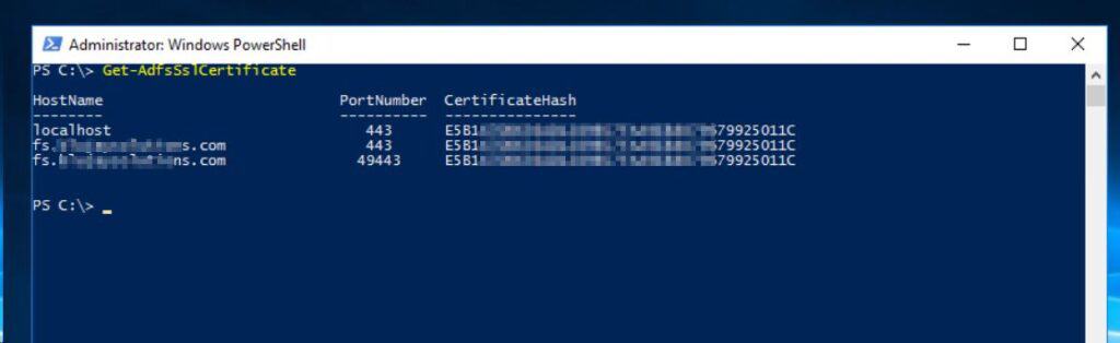 Finally, run the Get-AdfsSslCertificate command to confirm that the AD FS server uses the new certificate.