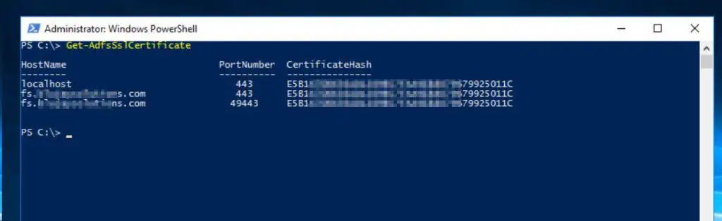 Finally, run the Get-AdfsSslCertificate command to confirm that the AD FS server uses the new certificate. 