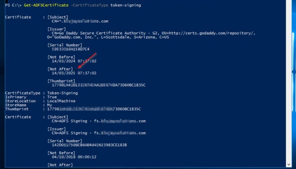 Get-ADFSCertificate –CertificateType token-signing - As seen in the certificate's Not After property, it expired in March, 2025.