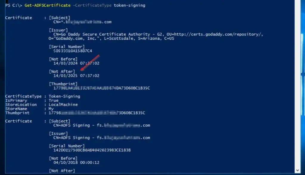 Get-ADFSCertificate –CertificateType token-signing - As seen in the certificate's Not After property, it expired in March, 2025. 