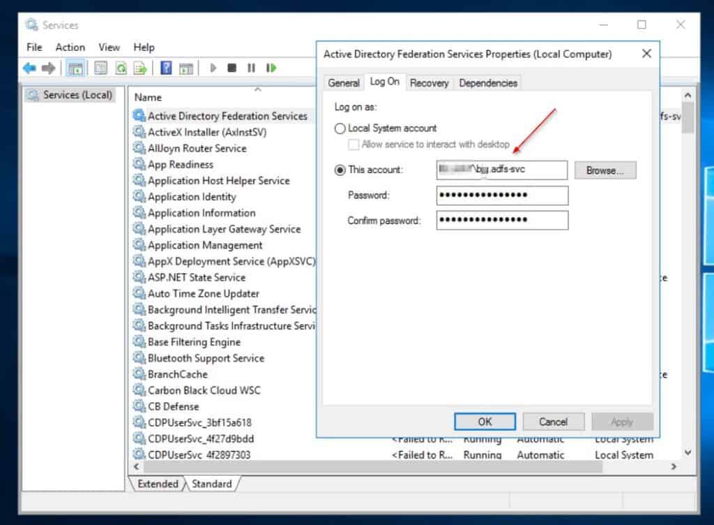 Get the name of the Active Directory Service account for AD FS from the Log On tab of the properties of the Active Directory Federation Service service. You require this account later in this section.