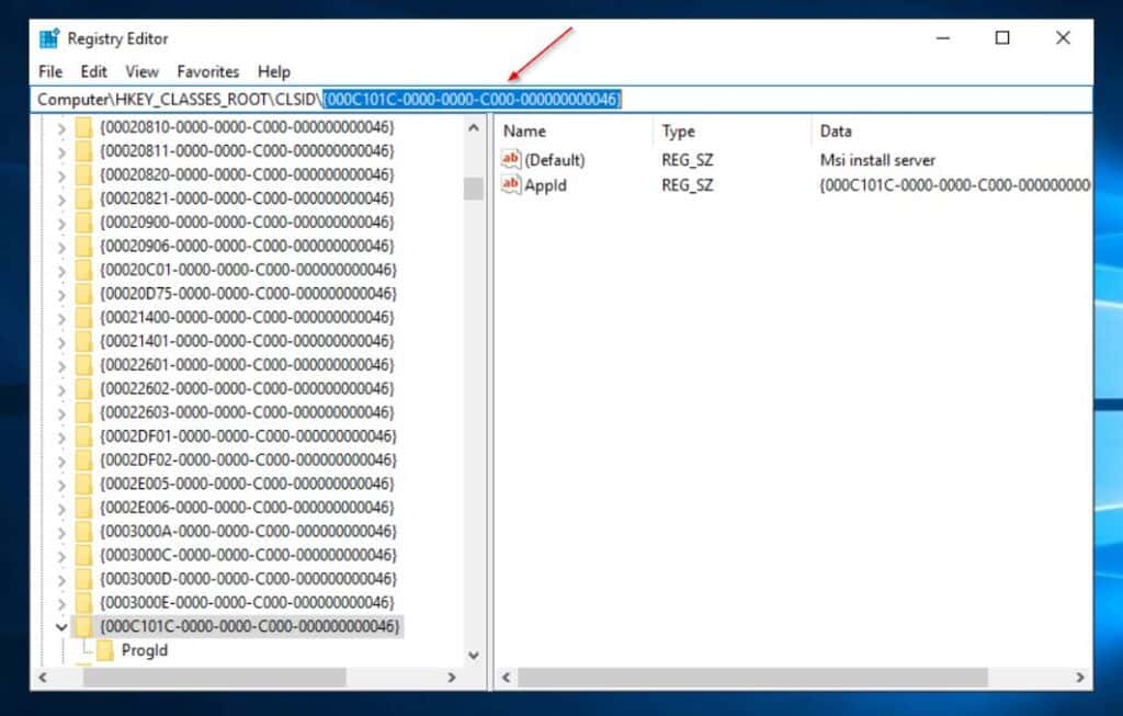 Since there are so many registry keys in the "HKEY_Classes_Root\CLSID\" registry path, the best way to locate the key you need is to copy the key from the event log, paste it after "\" on the and press the enter key.