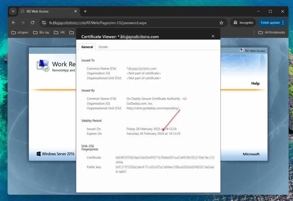 After completing the steps outlined in this detailed guide, when you open the front-end site of your AD FS service on a browser, it will no longer display a certificate error. If you open the site's certificate, it should display the new certificate. 
