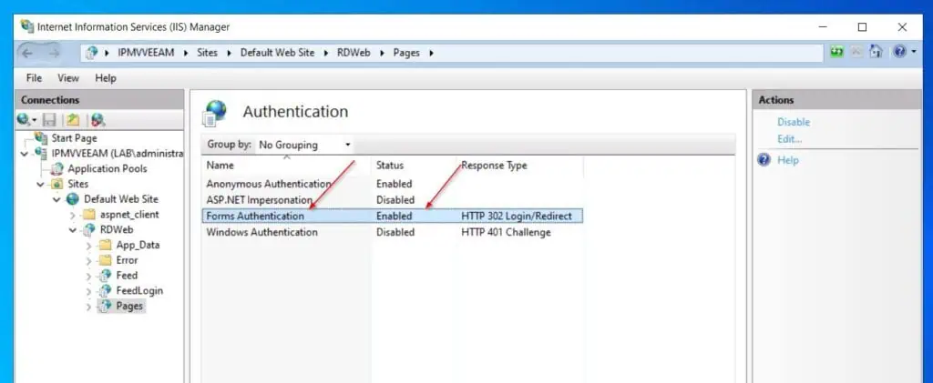 If the password reset does not work, ensure that the Forms Authentication in Sites > Default Web Sites > RDWeb > Pages is enabled. 