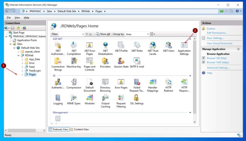 In the IIS Manager, expand the Server name, then navigate to Sites > Default Web Site > RDWeb and left-click Pages. On the details pane, double-click Application Settings.