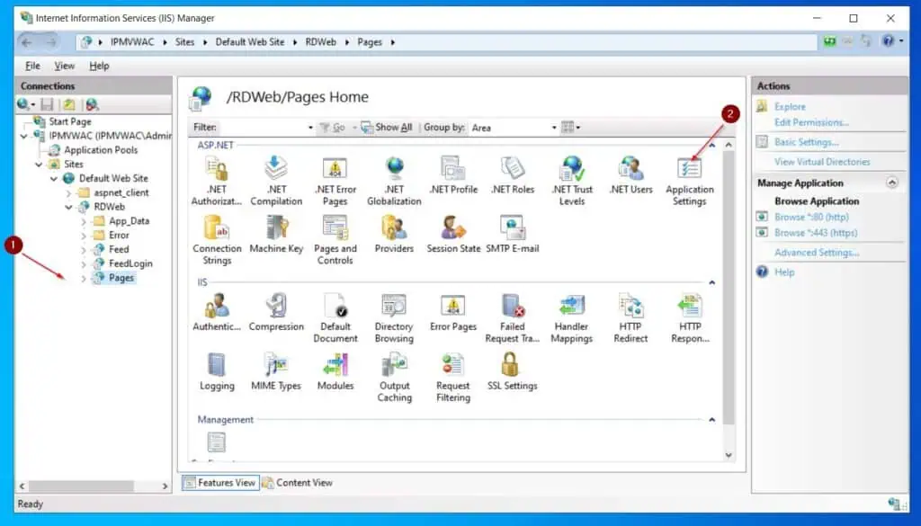 In the IIS Manager, expand the Server name, then navigate to Sites > Default Web Site > RDWeb and left-click Pages. On the details pane, double-click Application Settings.