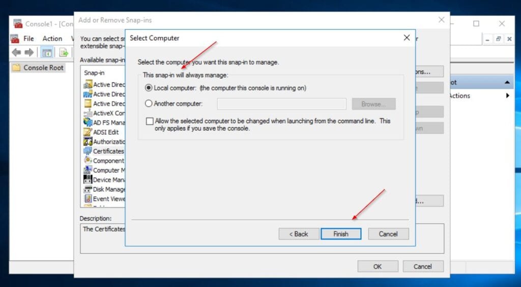 Finally, choose Local computer (the computer this console is running on), then select Finish.