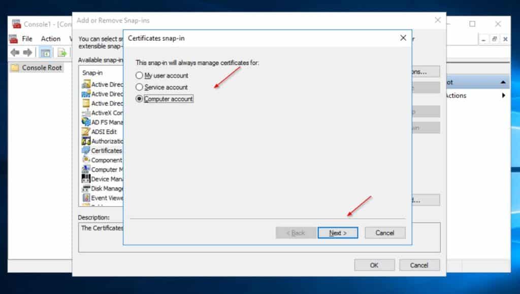 Next, choose Computer account on the Certificate snap-in wizard, then click Next.