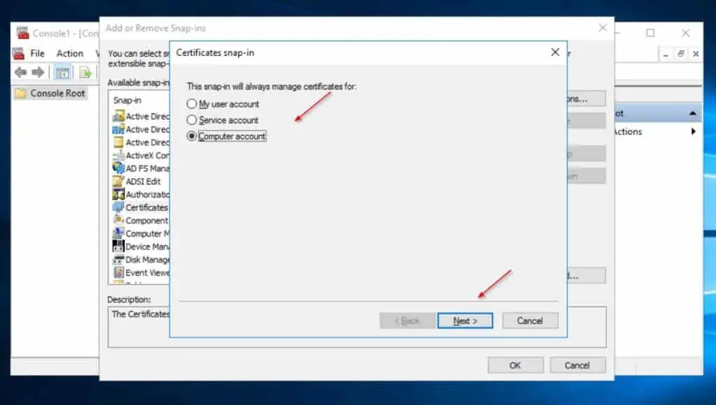 Next, choose Computer account on the Certificate snap-in wizard, then click Next. 