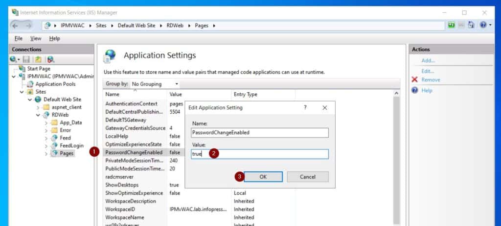 On the Application Setttings page, double-click PasswordChangeEnabled and change its Value from false to true.