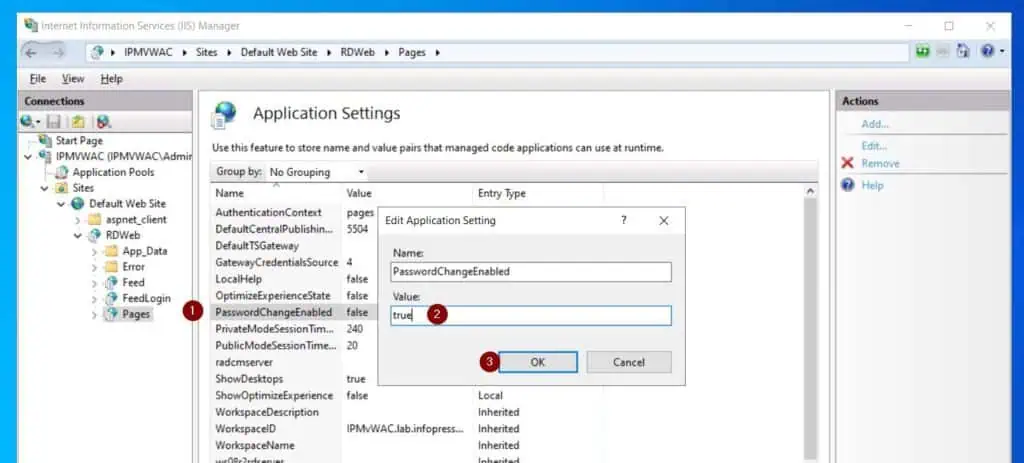 On the Application Setttings page, double-click PasswordChangeEnabled and change its Value from false to true.