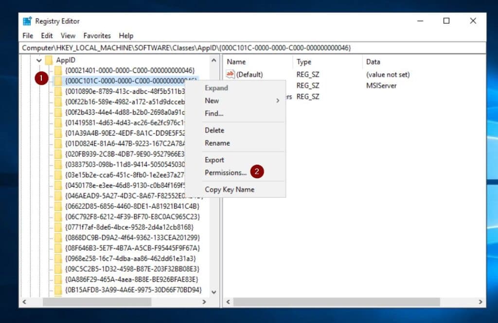 Right-click the APPID's registry key and choose Permissions. Then, repeat steps 4, 5, and 6 of the last section to make the Domain Administrators' group the owner of the registry key.