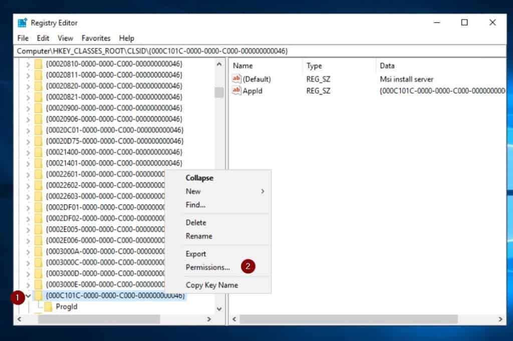 Right-click the registry key and choose permissions.