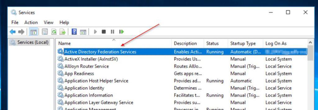 Start the AD FS service if it is stopped. Search for an open the Services MMC, then right-click Active Directory Federation Services service and select start.