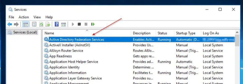 Start the AD FS service if it is stopped. Search for an open the Services MMC, then right-click Active Directory Federation Services service and select start. 