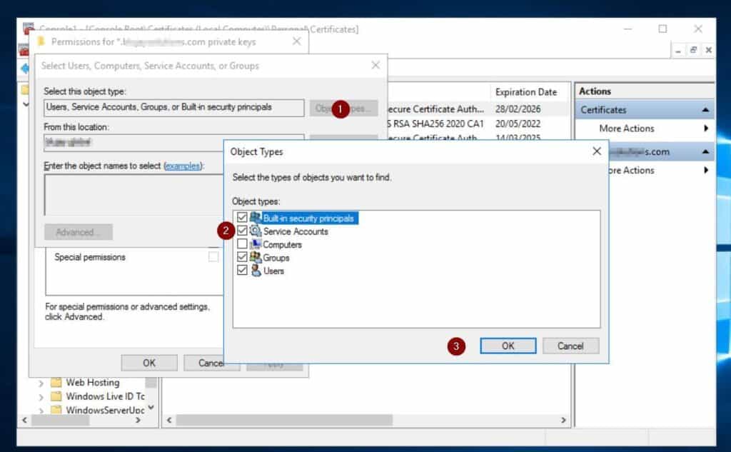Then, click Object Types > Select Service Accounts, OK. After that, enter the name of your AD FS service account and grant full control.