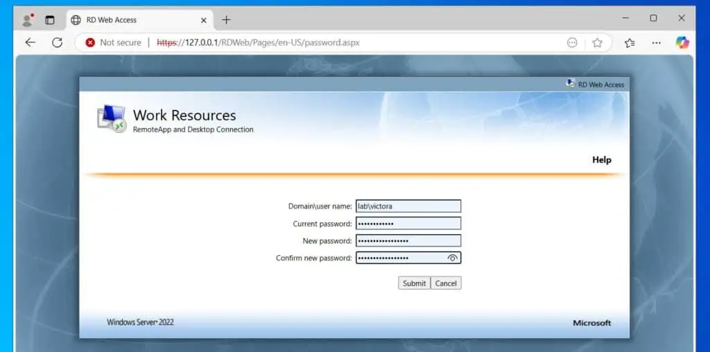 The site displays the page for changing an AD password.