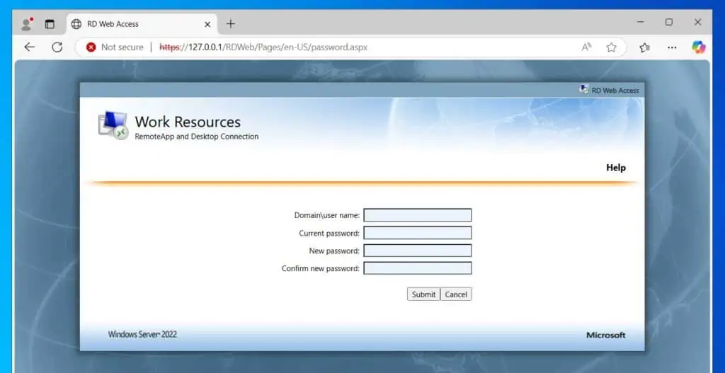 The site displays the page for changing an AD password.