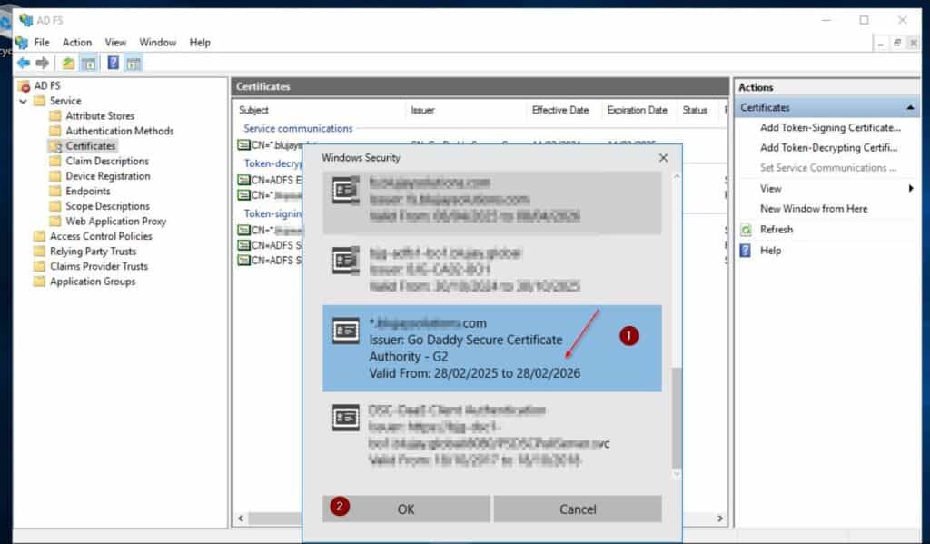 Then, choose the new certificate and click OK.