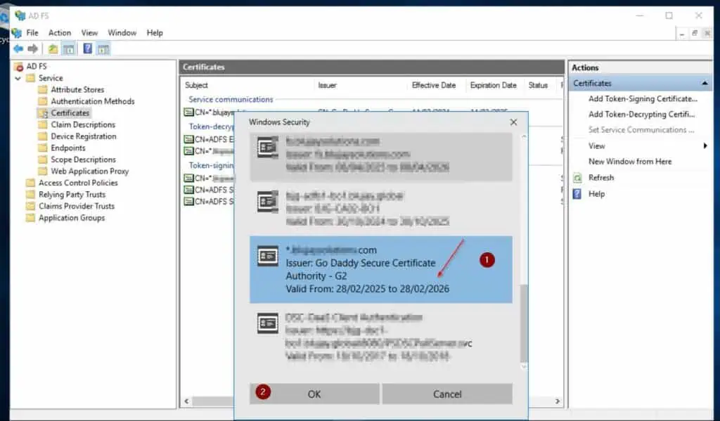 Then, choose the new certificate and click OK. 