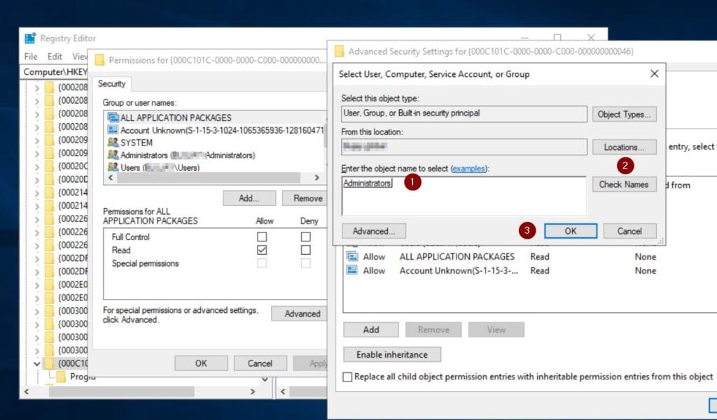 Then, enter Administrators in the Enter the object names to select box and click Check Names > OK.