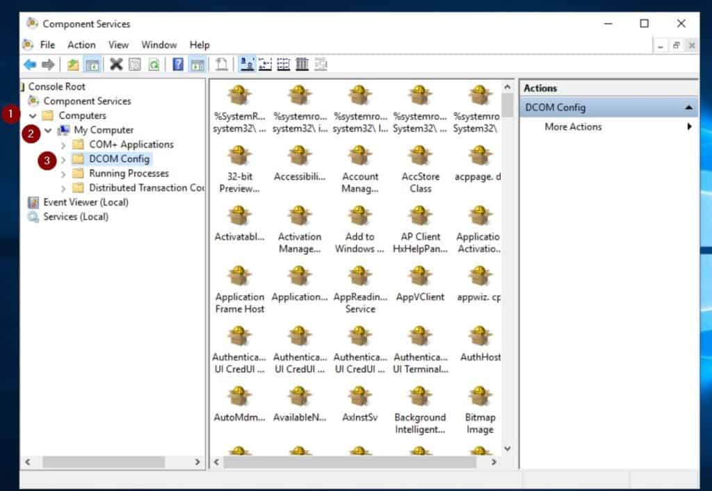 Then, expand Component services > Computer > My Computer and click DCOM Config.