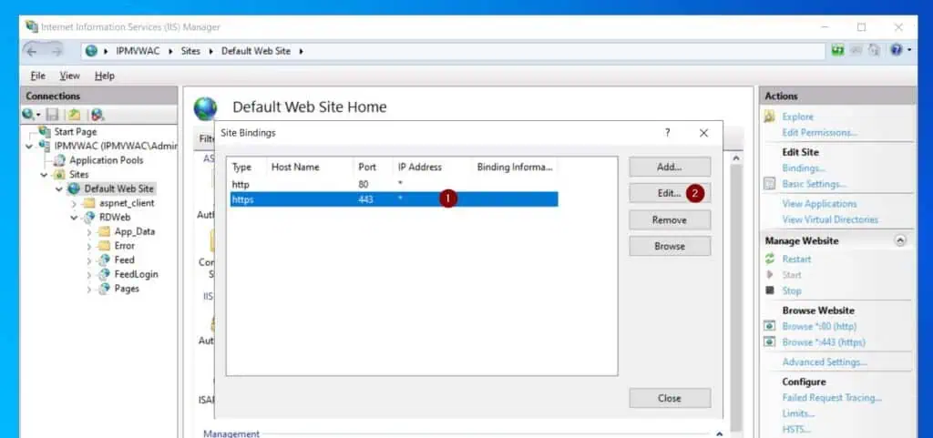 Then, on the Site Bindings pop-up, left-click https and then Edit.