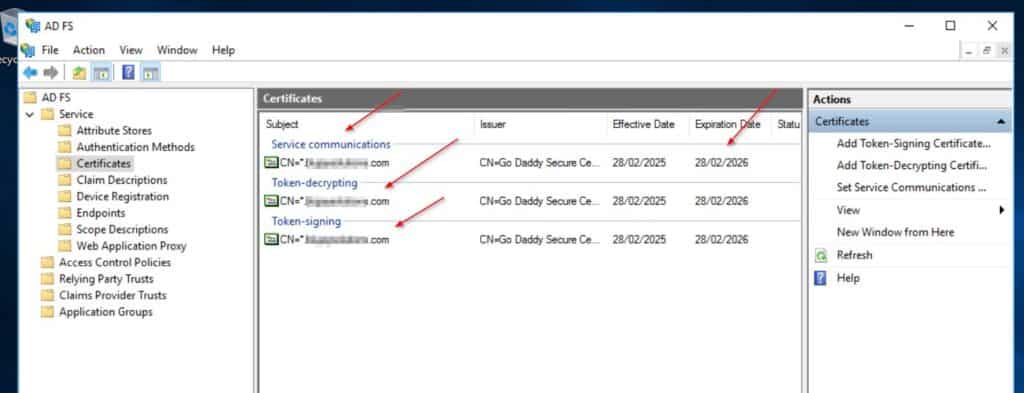When you finish the above steps, you should have the new certificate listed for Service communications, Token-decryption, and Token-signing.