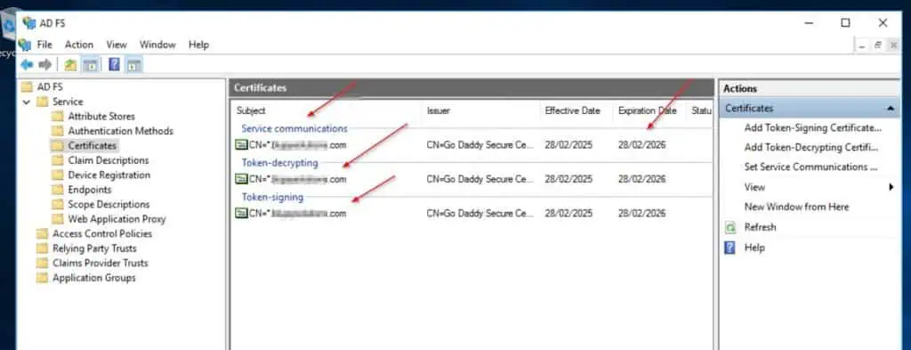 When you finish the above steps, you should have the new certificate listed for Service communications, Token-decryption, and Token-signing.