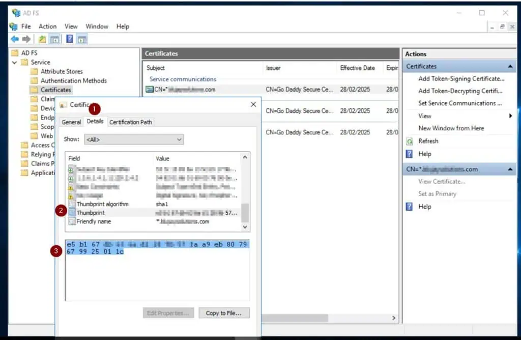 You can get the certificate's thumbprint by right-clicking it, selecting View Certificate,
