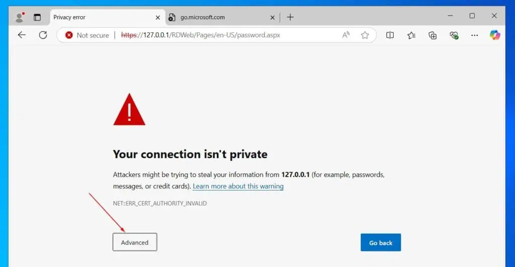 You'll receive a certificate warning. Click Advanced, then
