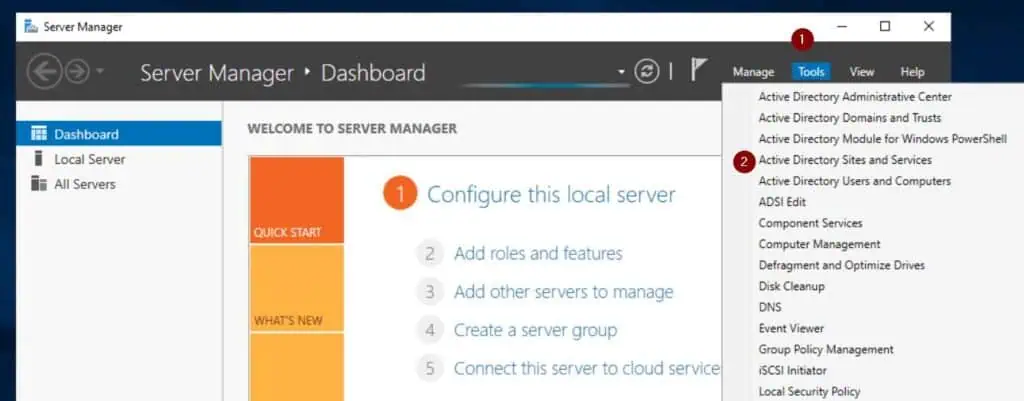 Log in to the server with your domain credentials and open Active Directory Sites and Services from the Server Manager Tools menu. 