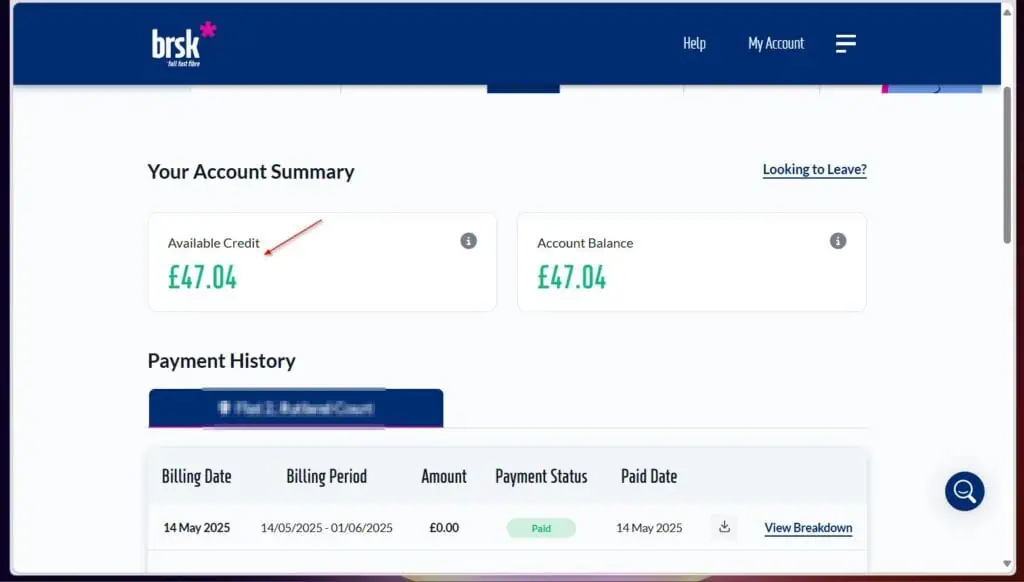 Brsk Credit account balance