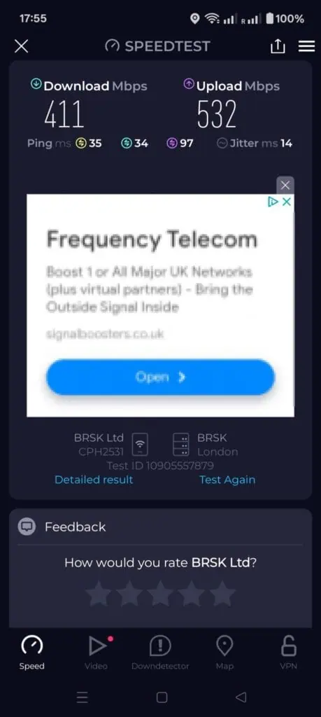 My Brsk Full Fibre Broadband download and upload speed test result