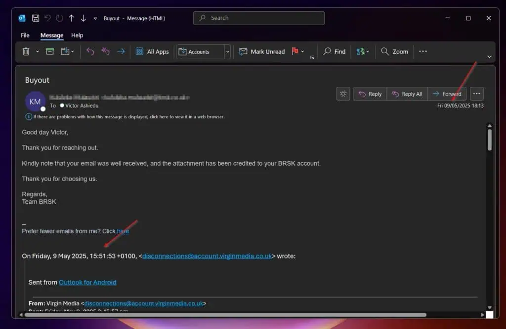 Virgin Media Early Disconnection Fee credit confirmation from Brsk