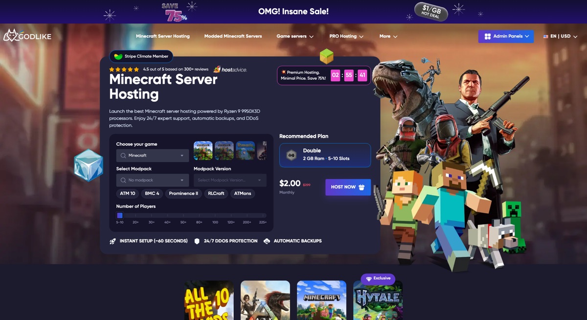 GodLike.host Minecraft server hosting plans and game panel