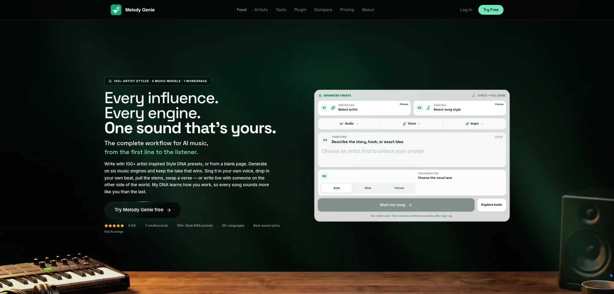 Melody Genie AI music generator homepage