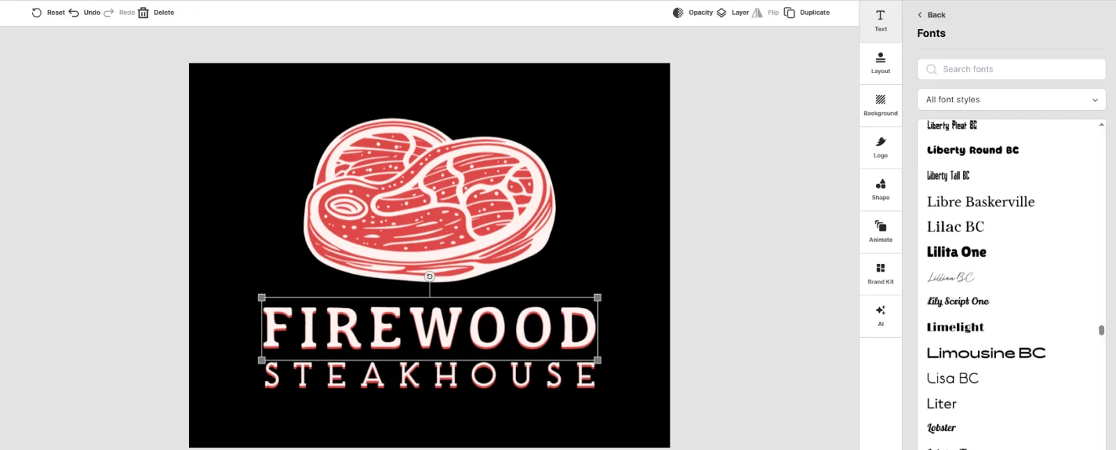 Adjusting the logo font in the Design.com editor