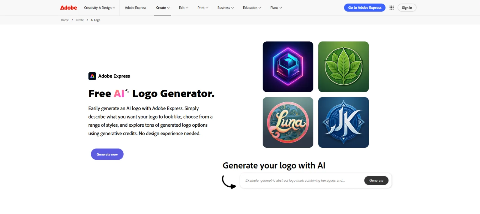 Adobe Express AI logo generator page