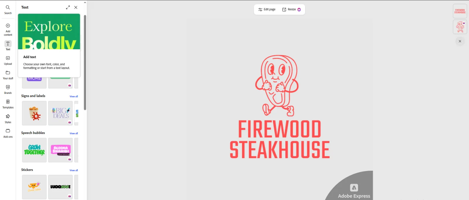 Editing a Firewood Steakhouse logo in Adobe Express