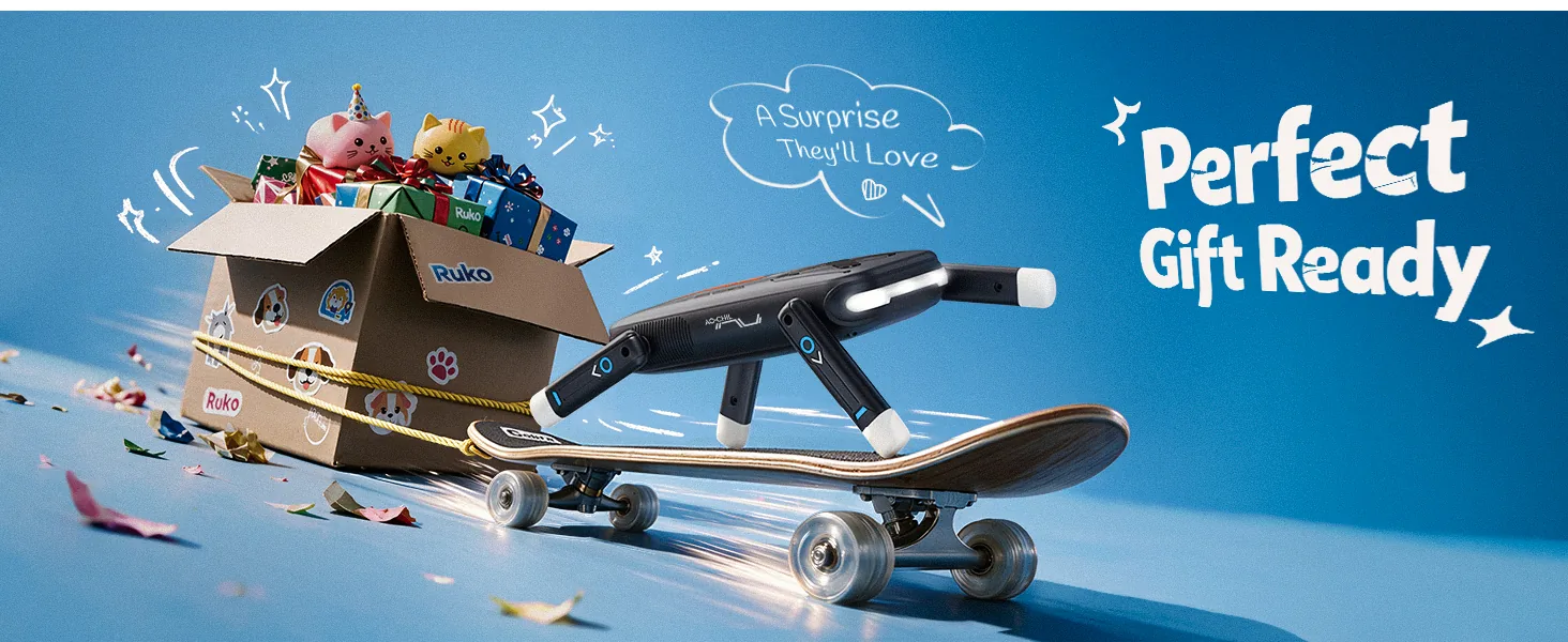 Ruko R1 Mini Robot Dog riding a skateboard next to a gift box