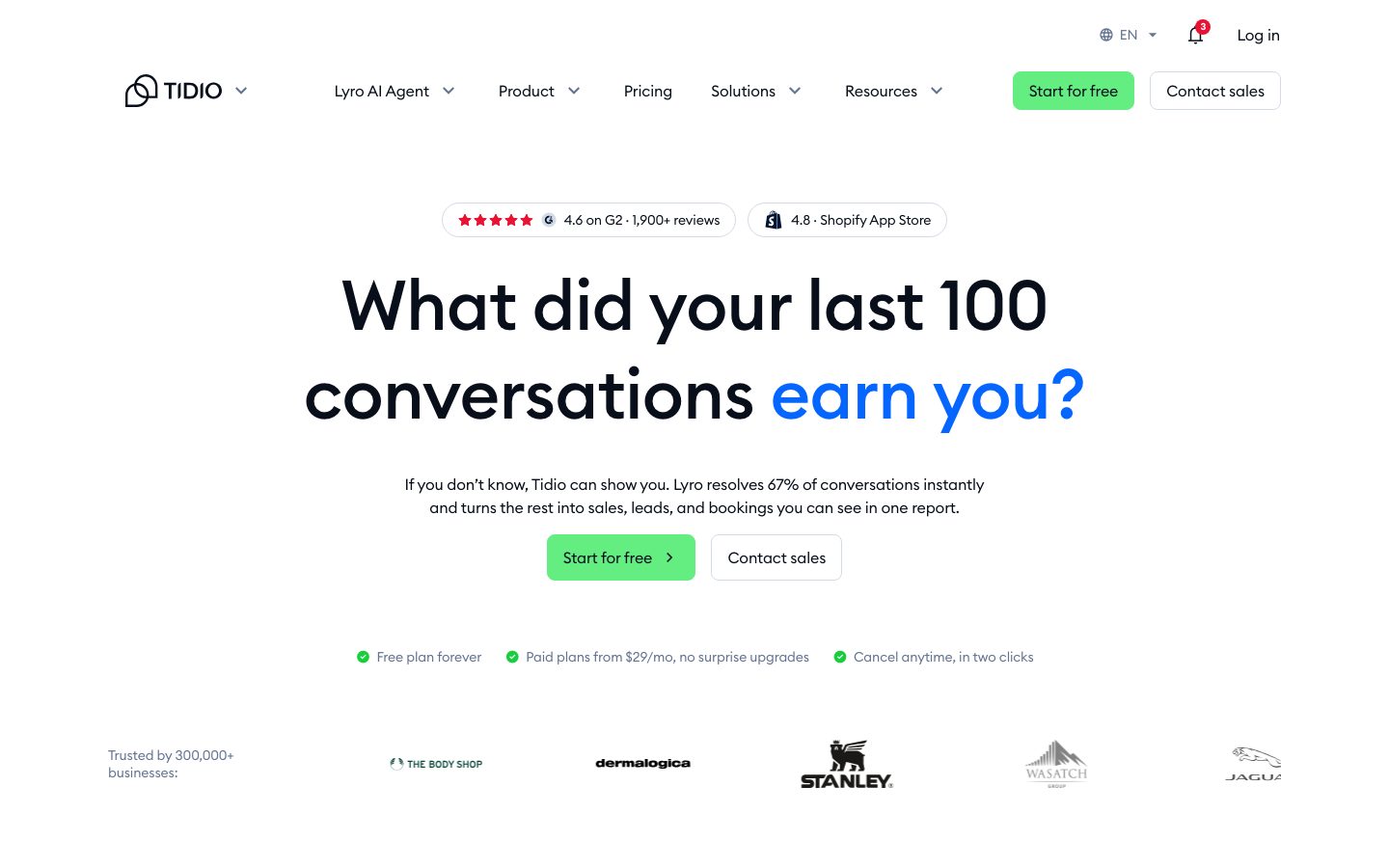 Tidio homepage: AI customer service that turns chats into revenue