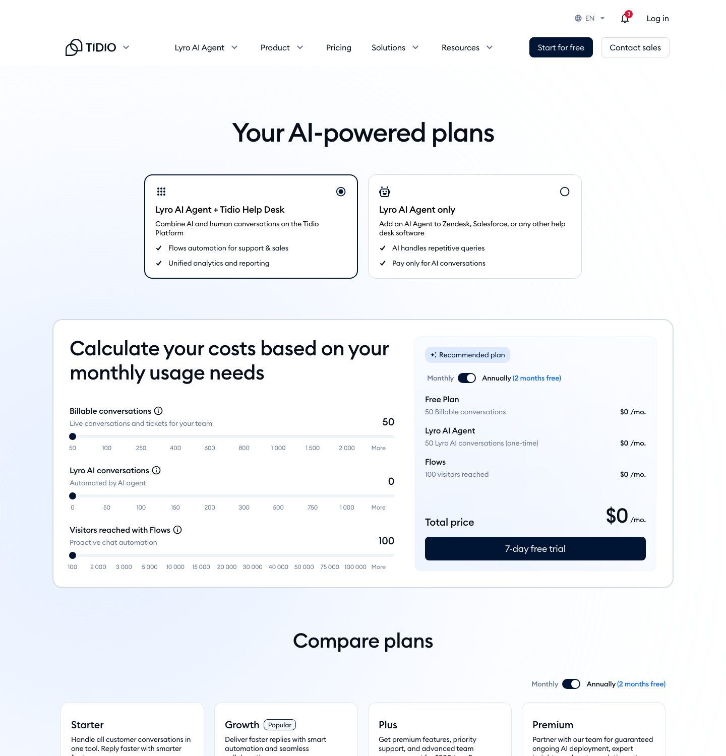 Tidio pricing page with plan calculator
