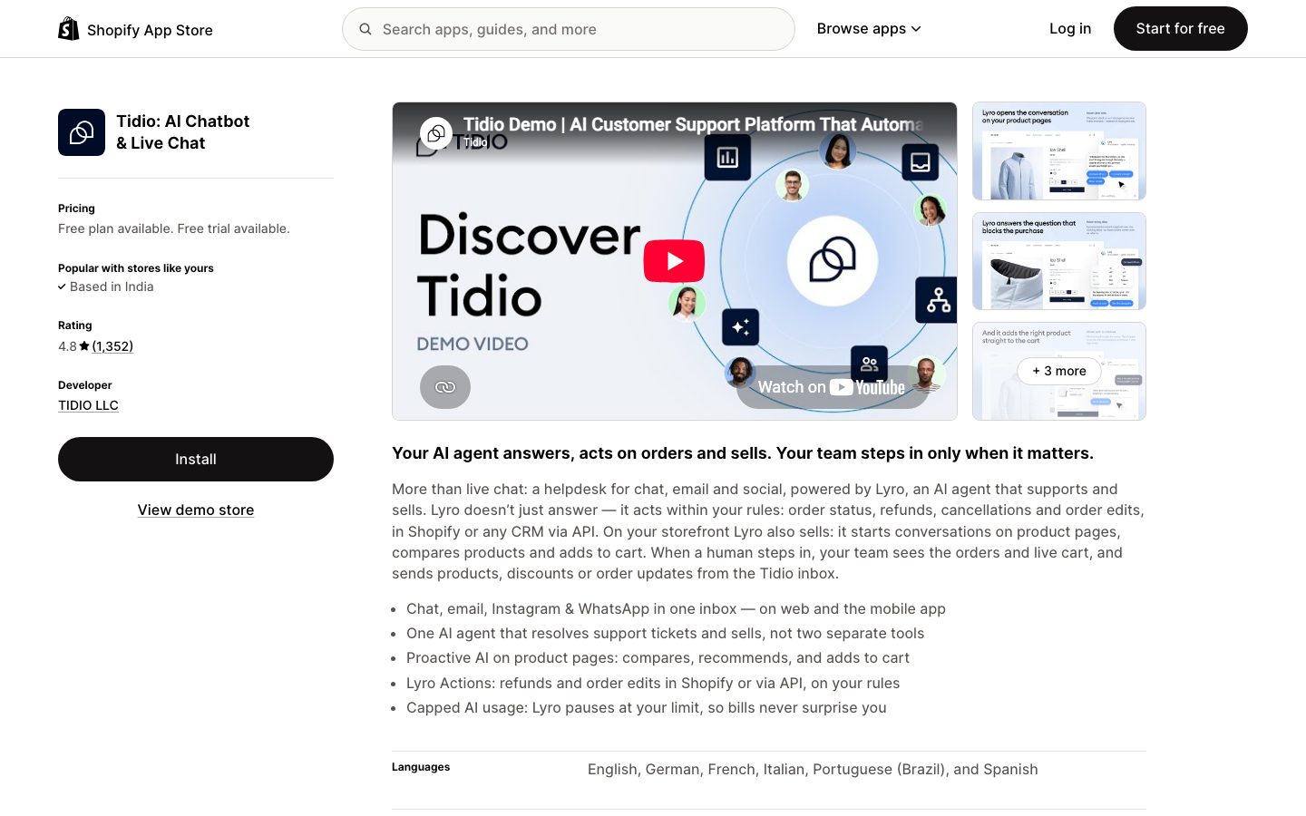 Tidio Shopify app rated 4.8 out of 5